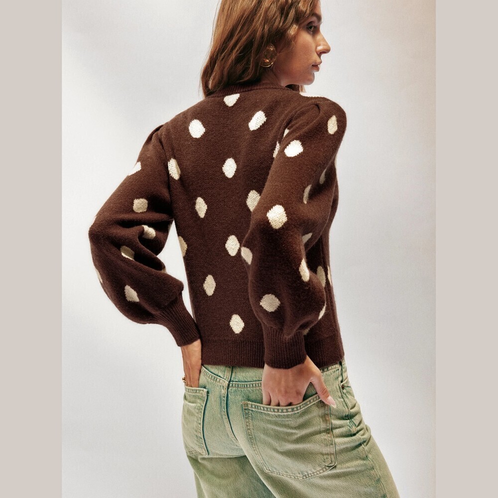 Brown Polka Dot Knit Sweater with Puff Sleeves and Round Neck - Picture 3 of 7